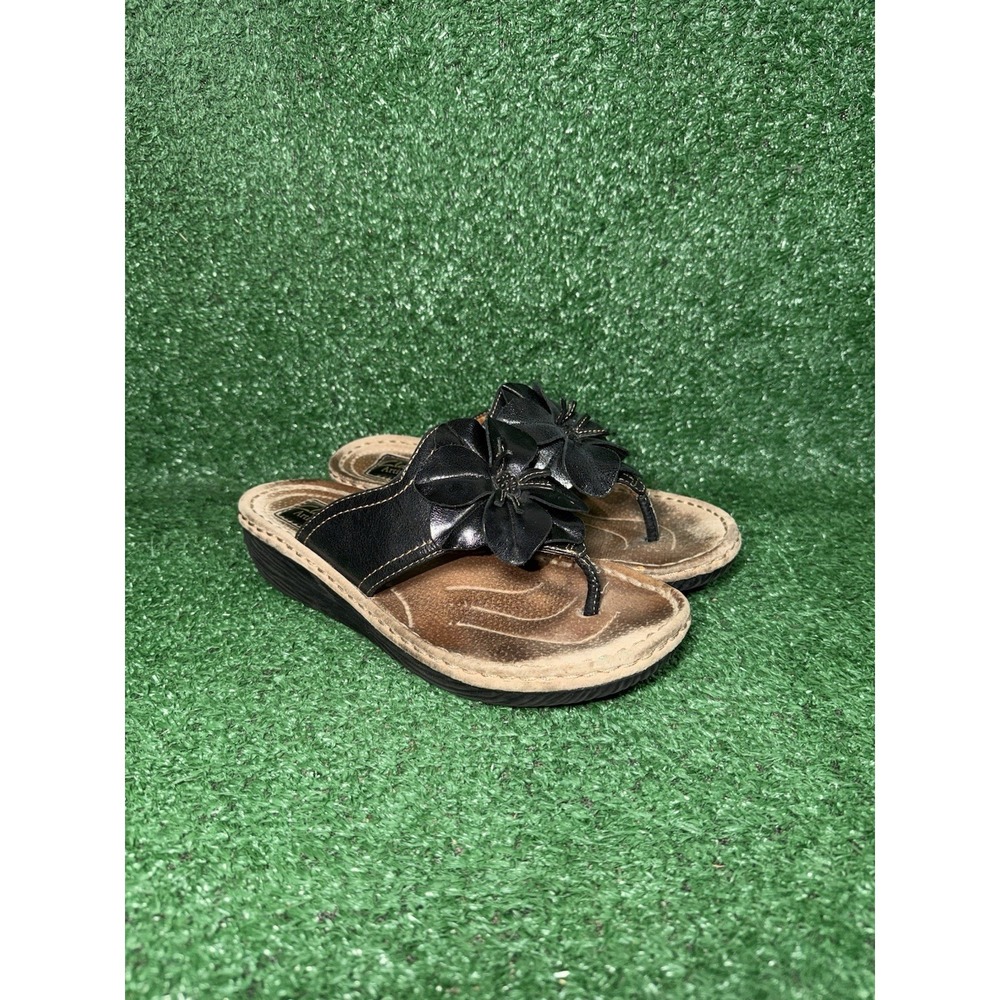 Clarks Artisan Black Leather Flower Wedge Thong Sandals Beach Slide Women Size 8 - Picture 2 of 9